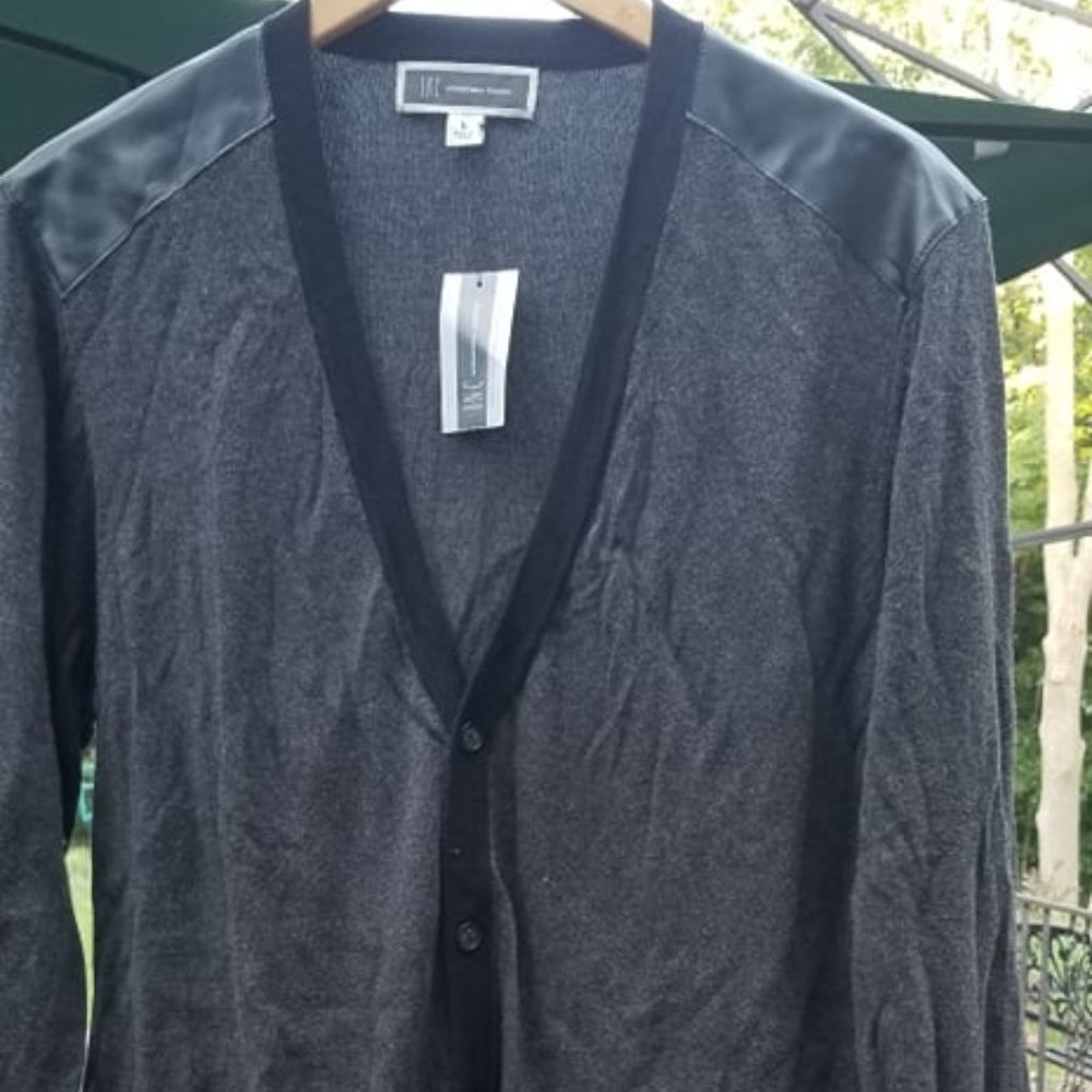 NWT Gray Cardigan Black Faux Leather Shoulders